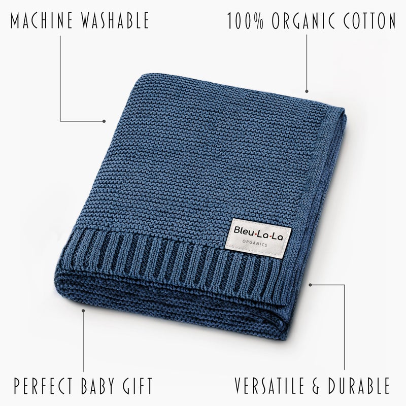 Bleu La La Heritage Knit Organic Cotton Receiving Swaddle Blanket for Boys - 100% Organic Soft Luxury Cotton Warm Cuddle Swaddling Blanket for Newborns Infants Toddler 36" x 32" (0-2Yrs - Denim Blue) - Image 3